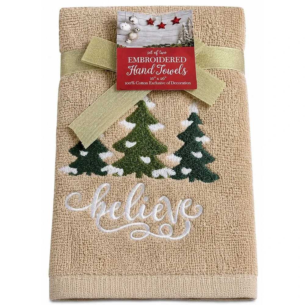 Christmas Tree Hand Towels Set of 2 Believe Embroidered Bathroom Holiday Beige